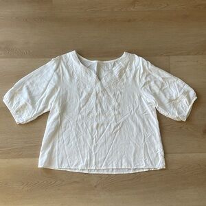 White Embroidered Boho Blouse Cottagecore Linen Look Top Women M